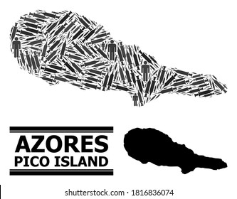 Inoculation mosaic and solid map of Pico Island. Vector map of Pico Island is composed from inoculation icons and men figures. Template for treatment aims. Final win over virus outbreak.