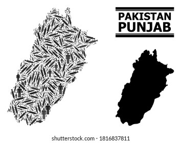 Inoculation mosaic and solid map of Punjab Province. Vector map of Punjab Province is composed with inoculation icons and people figures. Illustration is useful for epidemic alerts.