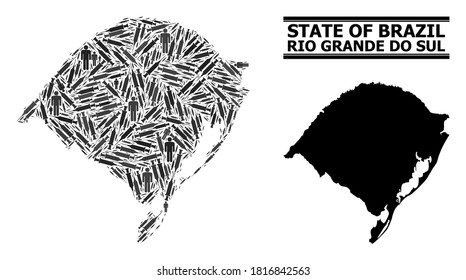 Mosaico de inoculación y mapa sólido del estado de Río Grande del Sur. El mapa vectorial del estado de Rio Grande do Sul se hace a partir de símbolos de vacunas y figuras de personas. La ilustración es útil para objetivos epidémicos.