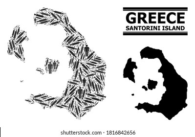 Inoculation mosaic and solid map of Santorini Island. Vector map of Santorini Island is created of inoculation icons and men figures. Illustration is useful for isolation alerts.