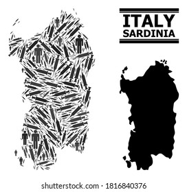 Inoculation mosaic and solid map of Sardinia region. Vector map of Sardinia region is composed from inoculation icons and human figures. Template is useful for outbreak purposes.