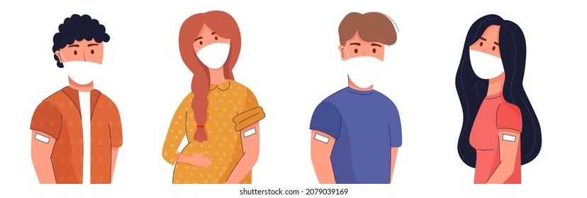 inoculation shot in the arm. Vector illustration of a masked man and woman giving a vaccination shot and showing a hand with a band-aid. Isolated on white background