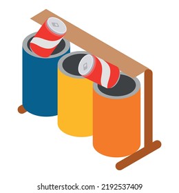 Inorganic waste icon isometric vector. Two multicolored tin can in trash can. Sorting and recycle garbage, ecology concept