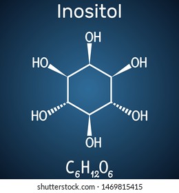 Inositol, myo-inositol,  vitamin-like essential nutrien molecule. Structural chemical formula on the dark blue background. Vector illustration
