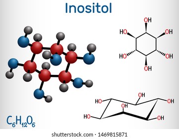 Inositol, myo-inositol,  vitamin-like essential nutrien molecule. Structural chemical formula and molecule model. Vector illustration