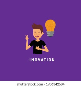concepto de innovación - joven y bombilla. Ilustración conceptual vectorial en diseño plano.Aislado en el fondo.