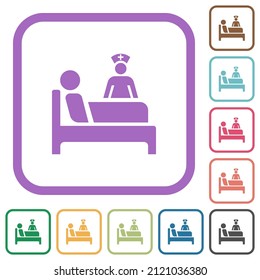 Inpatient care simple icons in color rounded square frames on white background