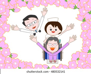 The inpatient of the elderly person taking a walk in cherry blossoms in full bloom.