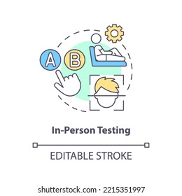 In-person testing concept icon. Product research. User physically present interviews abstract idea thin line illustration. Isolated outline drawing. Editable stroke. Arial, Myriad Pro-Bold fonts used