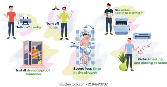 Inphographic. Tips how to lower utility bills at home.  Bills reduction. Water saving, energy saving. Eco-friendly, enveronmentally friendly advices. Flat vector illustration.