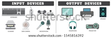 Input and Output devices on white background drawing by illustration