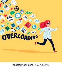 Input overloading. Information overload concept. Young woman running away from information stream. Concept of person overwhelmed by information. Colorful vector illustration in flat style