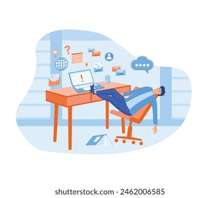 Input overloading. Information overload concept. Young manfalls from a chair under the pressure of information from a laptop. flat vector modern illustration 