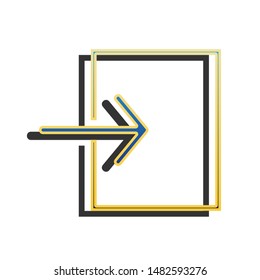 Input sign. Blue icon with gold contour with dark gray shadow at white background. Illustration.