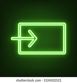 Input sign. Green neon icon in the dark. Blurred lightening. Illustration.