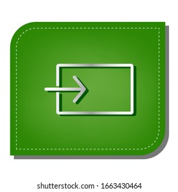 Signo de entrada. Icono de línea de gradiente plateado con sombra verde oscuro en hoja verde con parches ecológicos. Ilustración.
