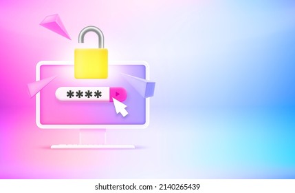Inputting password to unlock the computer. 3d vector illustration svg
