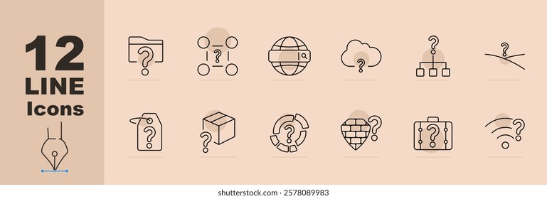 Inquiry set icon. Question mark folder, diagram, globe search, cloud question, hierarchy, decision path, price tag, package inquiry, circular process, security shield, suitcase, Wi-Fi query