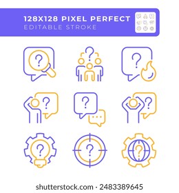 Inquiry types two color line icons set. Different questions bicolor outline iconset isolated. Confusing situations. Problem solving. Duotone pictograms thin linear. Editable stroke