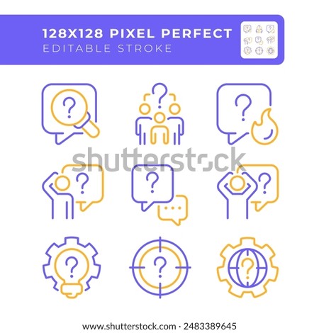 Inquiry types two color line icons set. Different questions bicolor outline iconset isolated. Confusing situations. Problem solving. Duotone pictograms thin linear. Editable stroke