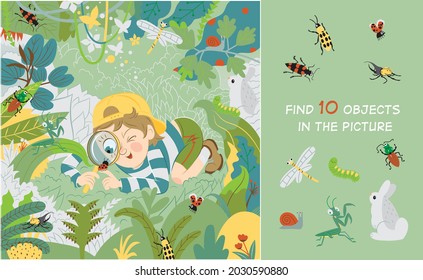 An inquisitive child examines, studies insects in the meadow. Find 10 hidden objects in the picture. Hidden objects puzzle. Vector illustration. 