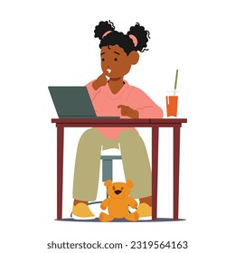 Inquisitive Child Girl Character Seated At Desk, Engrossed With A Laptop. Curiosity Evident On her Face As she Explore Digital World Of Knowledge And Possibilities. Cartoon People Vector Illustration