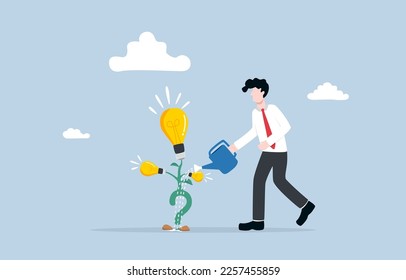 Inquisitive entrepreneur, learning through curiosity and asking questions concept, businessman watering bright light bulb plant with question mark sign root.