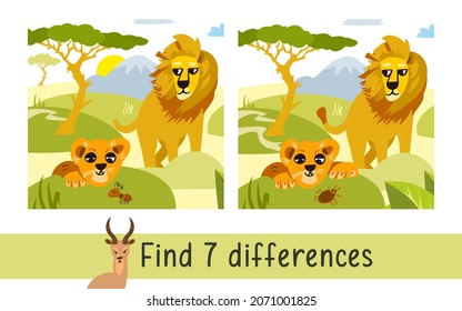 Inquisitive lion cub and caring lion dad. Find 7 differences. Game for children. Activity, vector.