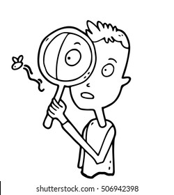 An inquisitive smart erudite curious enthusiastic boy explores the world of insects with a magnifying glass and makes the interesting discoveries by observing flight of a fly