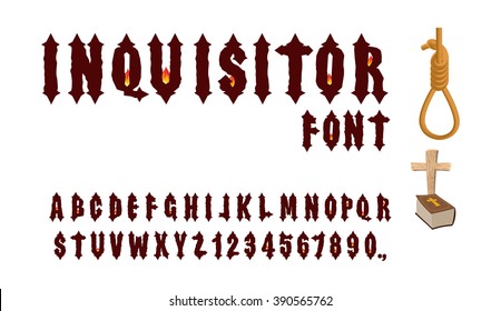 Inquisitor font. Ancient Gothic ABC. alphabet for Holy Inquisition. Medieval alphabet. Letters and numbers with fire of flame. Accessories Inquisitor: Hangman, Bible and cross