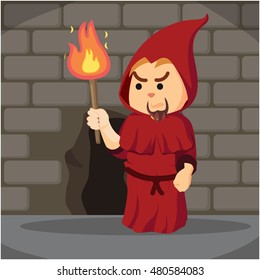 inquisitor holding torch in dungeon