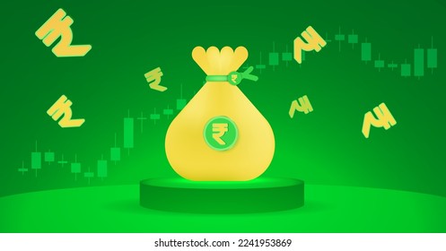 INR Indian Rupee currency money bag 3D finance concept banner and background