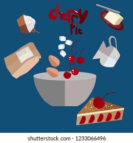 Inredients for making cherry pie.Cooking pie set.Cherry pie recipes.Vector isolated objects.Food for mix and cook.Color pattern.