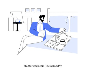 Ilustración vectorial de concepto abstracto de comedor en la sala. Comer en habitación, viajes de negocios, servicio de hotel, idea de comedor en la habitación, alojamiento, disfrutar de la metáfora abstracta del desayuno.