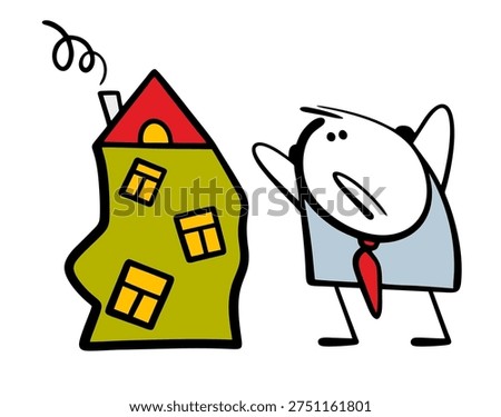 Insane architecture. Vector illustration of a man in panic looking at the walls of a crooked building. The house is poorly constructed, and the architect is horrified.