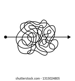 Insane messy black line, complicated clew way. Tangled scribble path. Chaotic difficult proces, template. Vector illustration 