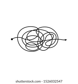 Insane messy black line or complicated clew way vector illustration isolated on white background. The symbol or infographic element of chaotic confused process.