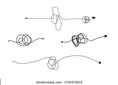 Insane messy line.Set of messy clew symbols connected between them line of symbols with scribbled round element,  Freehand drawing. Black and white  abstract scribbles, chaos doodles. Vector illustra