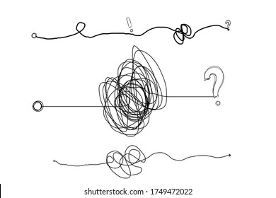  Insane messy line.Set of messy clew symbols connected between them line of symbols with scribbled round element,  Freehand drawing. Black and white  abstract scribbles, chaos doodles. Vector illustra
