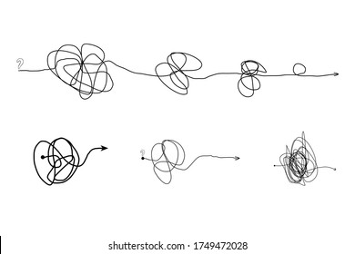  Insane messy line.Set of messy clew symbols connected between them line of symbols with scribbled round element,  Freehand drawing. Black and white  abstract scribbles, chaos doodles. Vector illustra