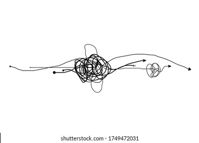 Insane messy line.Set of messy clew symbols connected between them line of symbols with scribbled round element,  Freehand drawing. Black and white  abstract scribbles, chaos doodles. Vector illustra