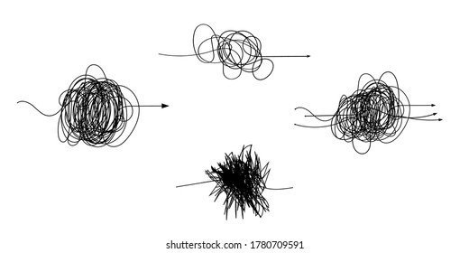  Insane messy line.Set of messy clew symbols connected between them line of symbols with scribbled round element,  Freehand drawing. Black and white  abstract scribbles, chaos doodles. Vector illustra