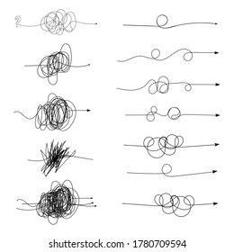  Insane messy line.Set of messy clew symbols connected between them line of symbols with scribbled round element,  Freehand drawing. Black and white  abstract scribbles, chaos doodles. Vector illustra