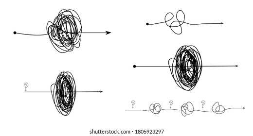  Insane messy line.Set of messy clew symbols connected between them line of symbols with scribbled round element,  Freehand drawing. Black and white  abstract scribbles, chaos doodles. Vector illustra