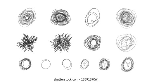  Insane messy line.Set of messy clew symbols connected between them line of symbols with scribbled round element,  Freehand drawing. Black and white  abstract scribbles, chaos doodles. Vector illustra