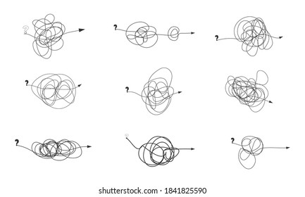  Insane messy line.Set of messy clew symbols connected between them line of symbols with scribbled round element,  Freehand drawing. Black and white  abstract scribbles, chaos doodles. Vector illustra