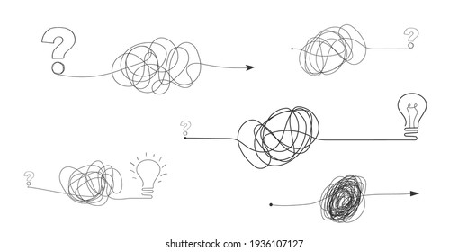  Insane messy line.Set of messy clew symbols connected between them line of symbols with scribbled round element,  Freehand drawing. Black and white  abstract scribbles, chaos doodles. Vector illustra