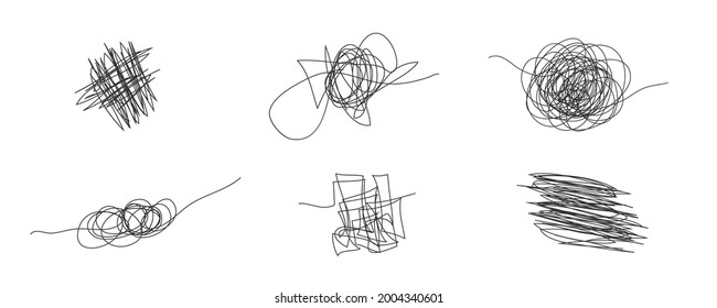  Insane messy line.Set of messy clew symbols connected between them line of symbols with scribbled round element,  Freehand drawing. Black and white  abstract scribbles, chaos doodles. Vector illustra