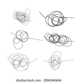  Insane messy line.Set of messy clew symbols connected between them line of symbols with scribbled round element,  Freehand drawing. Black and white  abstract scribbles, chaos doodles. Vector illustra