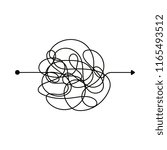 Insane messy line. Complicated clew way. Tangled scribble vector path. Chaotic difficult process way illustration